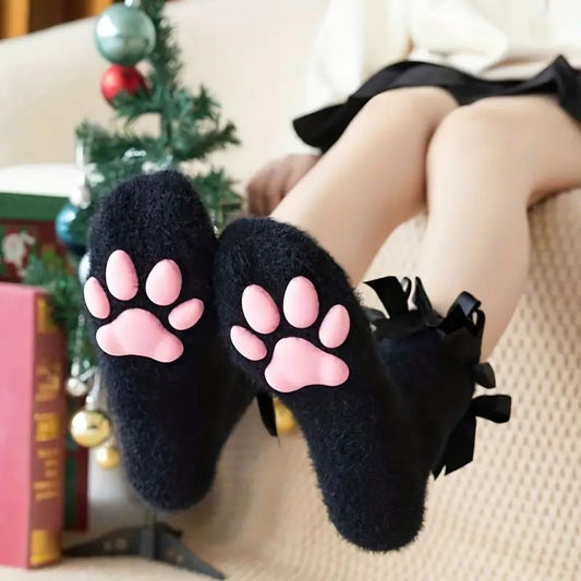 Fuzzy Cat Paw Socks (white and black)